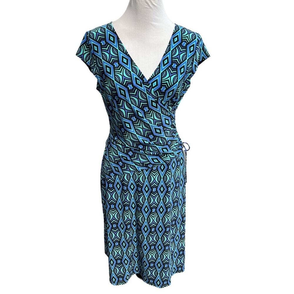 Evan Picone Pattern Faux Wrap Midi Dress Blue Teal Black Size 10
